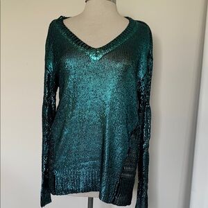 Rock & Republic Metallic knit Teal V-Neck Sweater Size XL